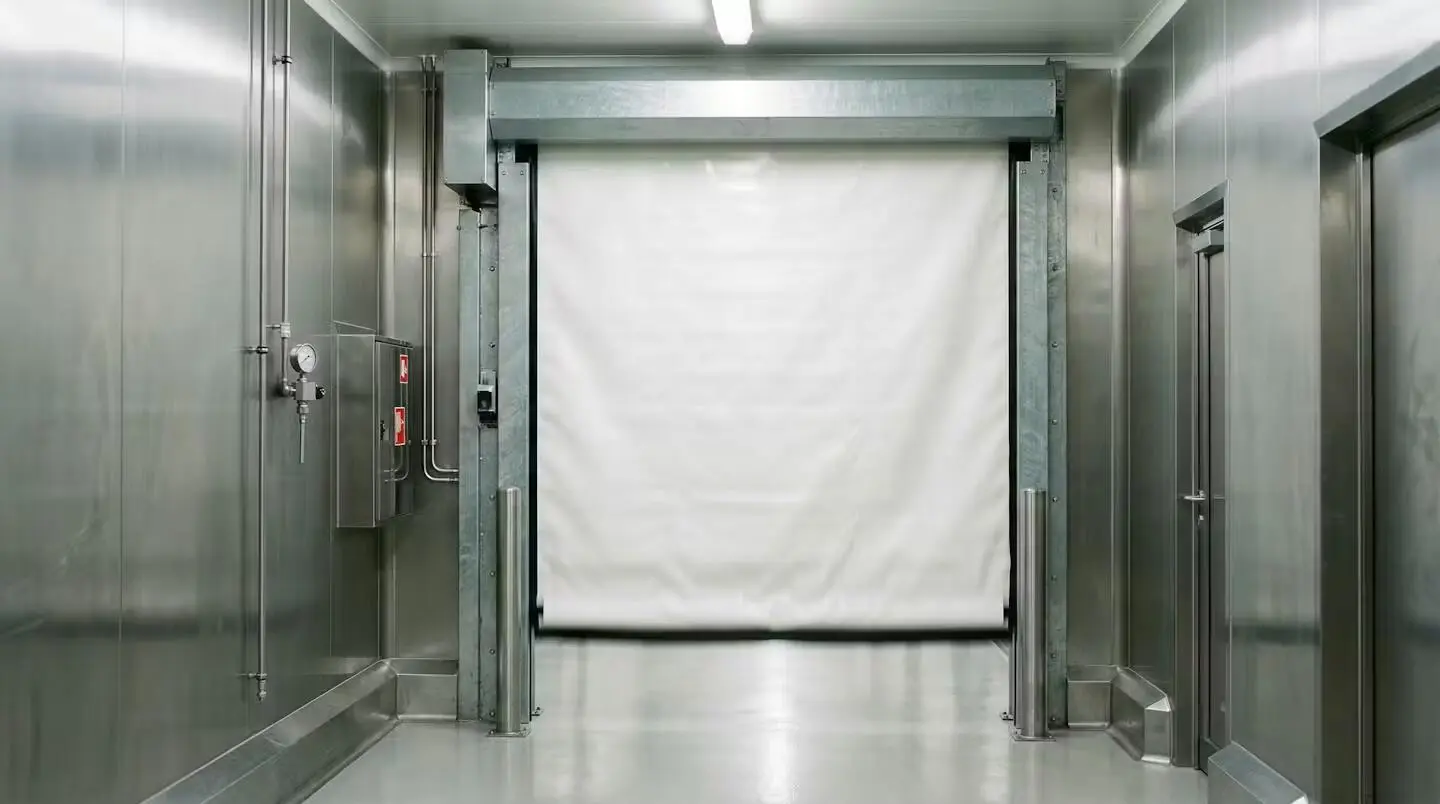 Porte souple blanche en cours de fermeture rapide dans un couloir de salle propre industrielle