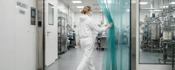 Technicien en combinaison blanche franchissant une porte rapide de sas en environnement contrôlé