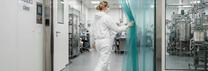 Technicien en combinaison blanche franchissant une porte rapide de sas en environnement contrôlé