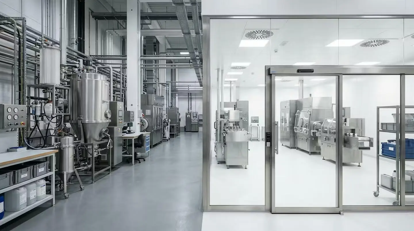 Vue comparative entre zone grise avec équipements et zone propre épurée séparées par une cloison vitrée