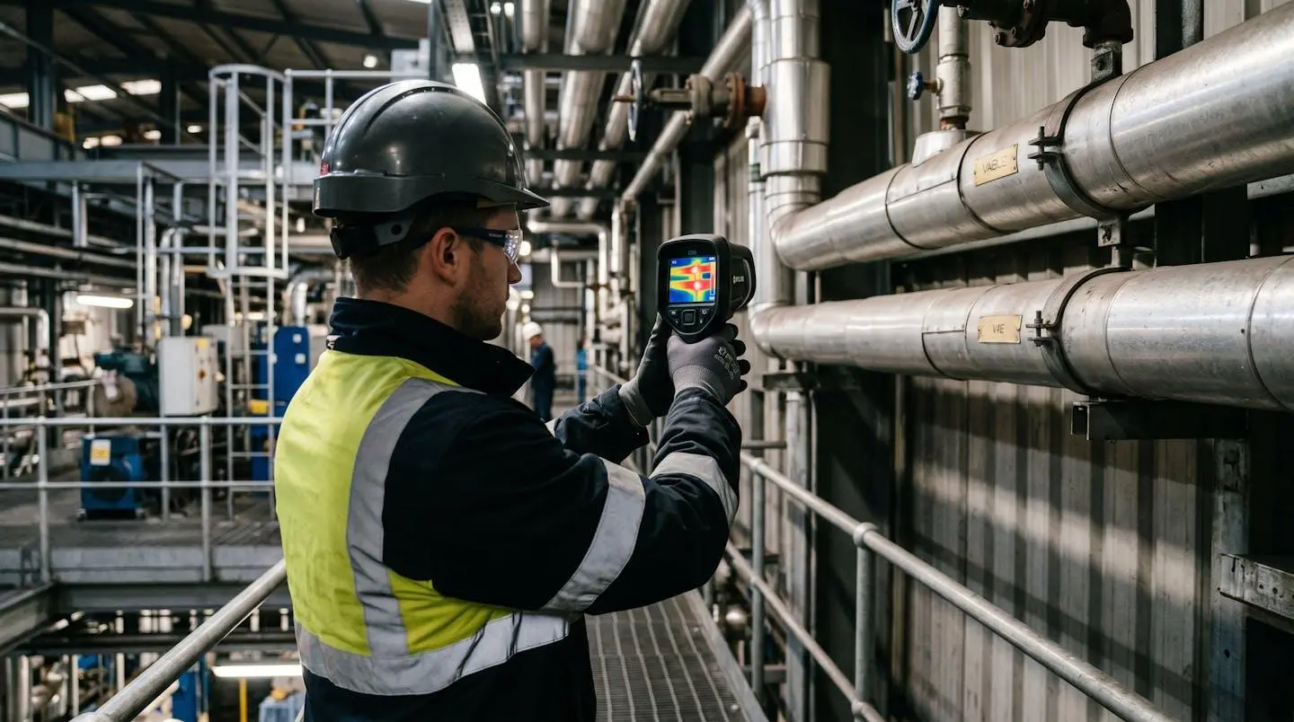 Caméra thermique infrarouge pointée sur des tuyauteries industrielles révélant des zones de déperdition thermique en rouge et orange