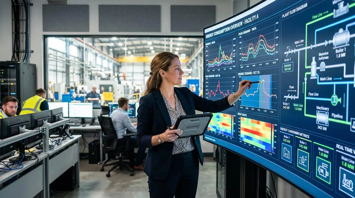 Responsable technique en usine examinant des données de consommation énergétique sur un écran de contrôle industriel