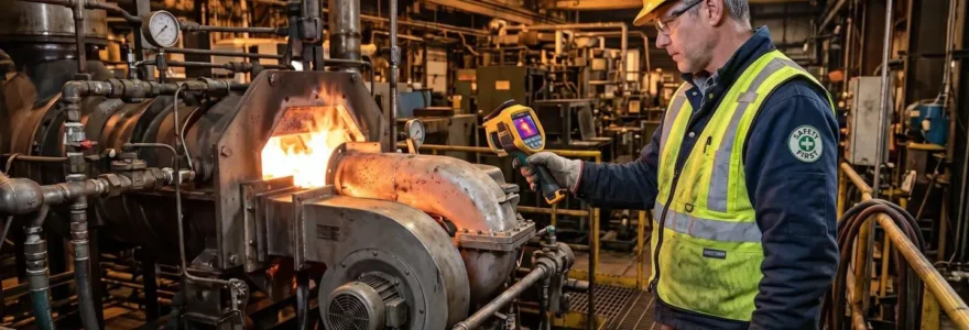 Technicien industriel inspectant un brûleur propane dans un atelier de production, avec des équipements de mesure thermique